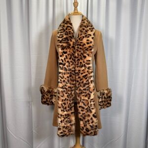 Vintage 60s Lilli Ann Knit Coat Leopard Print Fur Trim Camel Mod MCM Small